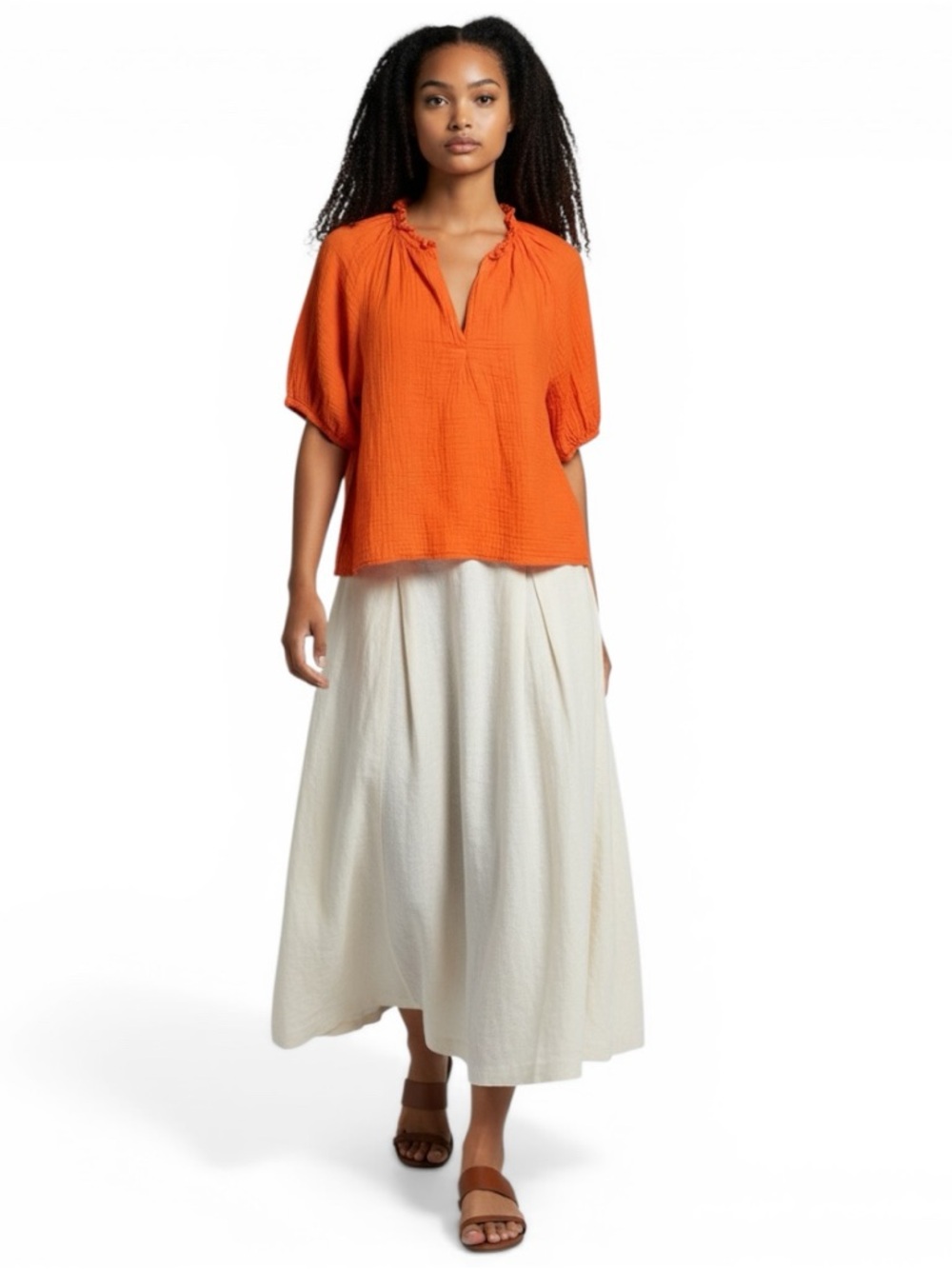 Xírena Orange Gauze Peasant Top Small | Ruffle Neck Boho Cotton Blouse